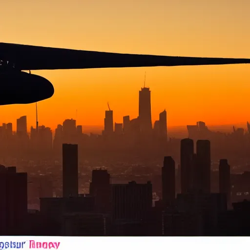 Prompt: distant views of an airship silhouetted against the setting sun over a city skyline