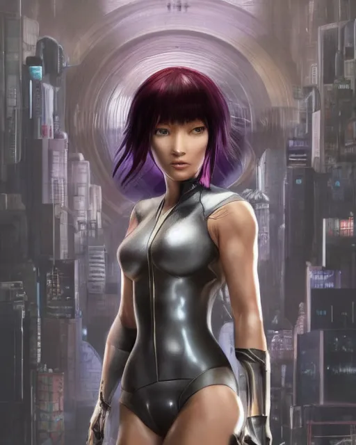 Image similar to weta disney pixar movie still portrait photo of motoko kusanagi ghost in the shell : : as cyborg woman by pixar : : by weta, wlop, ilya kuvshinov, rossdraws, artgerm, marvel, maxim cover, latex, octane render, sweaty, iridescent, bright morning, anime, liosh, mucha : :