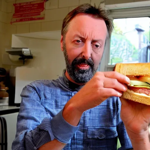 Prompt: tom green making a delicious cheese sandwich
