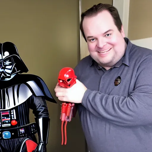 Image similar to Rich Evans with a Darth Vader! helmet! holding a Astromech toy!