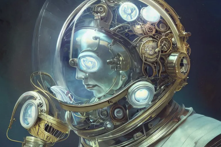 Prompt: portrait of a biomechanical head inside a steampunk space helmet, vintage transistors, neon, white metal, iridescent visor, distant memories, art by Greg Rutkowski and artgerm and Alphonse Mucha,