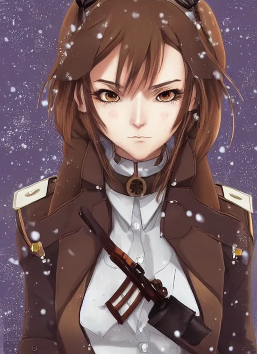 Prompt: girl with steampunk weapons and uniform, serious, intense, finely detailed, made by artgerm, full body portrait, illustration, snow, snowing, cloudy, anime, side view, perfect anime face, realistic face, zoomed out, smooth, brown eyes, high waisted shorts, sharp focus, attack on titan
