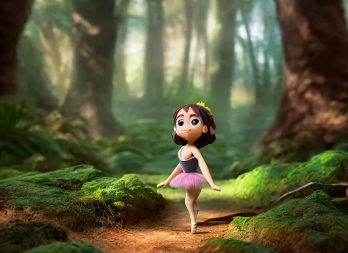 Image similar to prima ballerina as nendoroid walking in a forest in the croods movie style, anime, disney, pixar, 8 k, hd, dof, kodak film, volumetric lighting, subsurface scattering, photorealistic, octane render, details