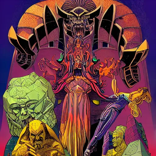 Prompt: precisely drawn illustration of a divine manifestation made out of geometric shapes, wide angle, sharp, fine details, french comic style, vibrant realistic colors, full color, heroic fantasy, intense line art, 8 k, precise linework, realistic, in the style of heavy metal comics and richard corben and moebius