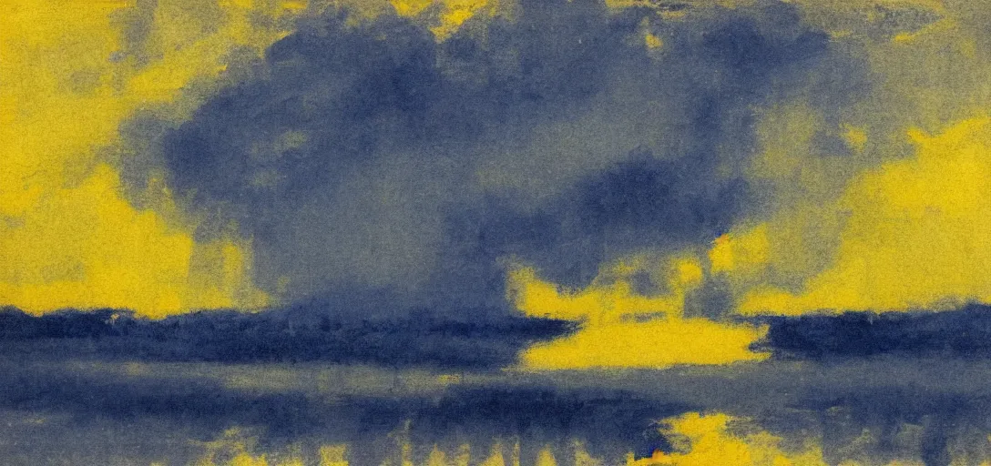 Prompt: tonalist landscape, high contrast, moody, prussian blue and hansa yellow, no frame