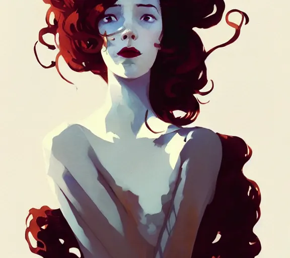 Image similar to portrait woman with long red curly hair, by atey ghailan, by greg rutkowski, by greg tocchini, by james gilleard, by joe fenton, by kaethe butcher, by ashley wood, dynamic lighting, gradient light blue, brown, blonde cream and white color scheme, grunge aesthetic