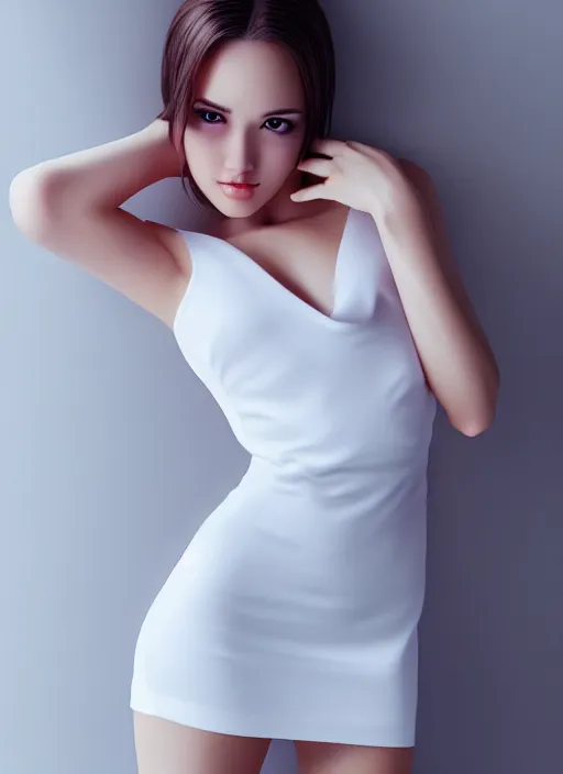 Prompt: a gorgeous female photo, professionally retouched, soft lighting, realistic, smooth face, full body shot, torso, legs, white dress, perfect eyes, wide angle, sharp focus on eyes, 8 k high definition, insanely detailed, intricate, elegant, art by artgerm, snowy winter