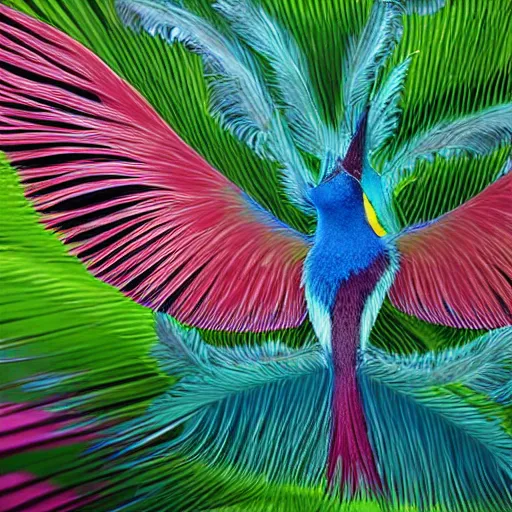 Prompt: closeup photo a bird of paradise, covered in feathers. extremely large wings. extreme detail, hyperrealistic photo, gloomy