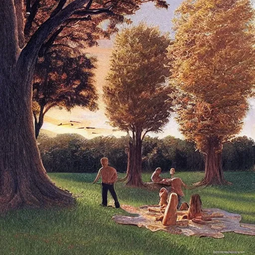 Image similar to Drawing. Conceptual art, the warm, golden light of the sun casts a beautiful glow on the scene, and the gentle breeze ruffles the leaves of the trees. The figures in the conceptual art are engaged in a simple activity, the way they are positioned and the expressions on their faces suggest a deep connection. Peace and contentment, idyllic setting. by Marc Simonetti, by Igor Zenin frightful