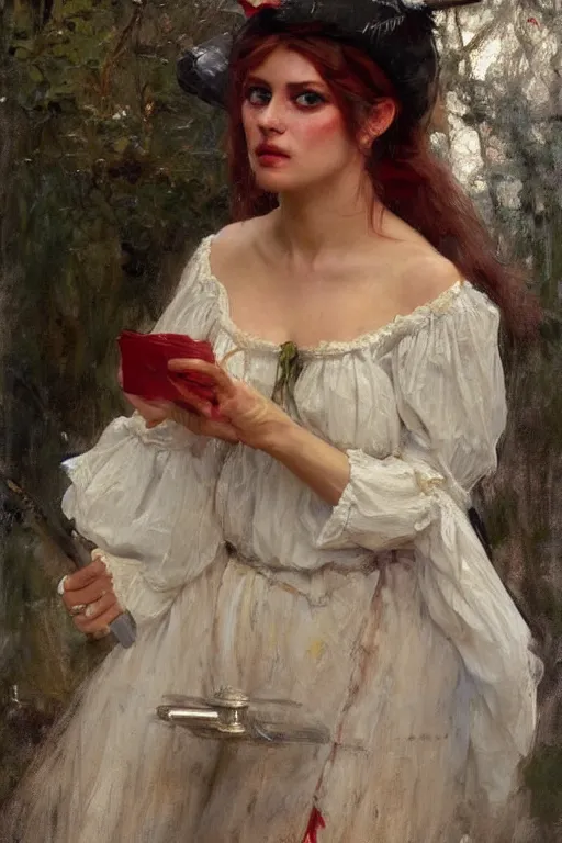 Image similar to Solomon Joseph Solomon and Richard Schmid and Jeremy Lipking victorian genre painting full length portrait painting of a young beautiful woman traditional german french Brigitte Bardot barmaid in fantasy costume, red background