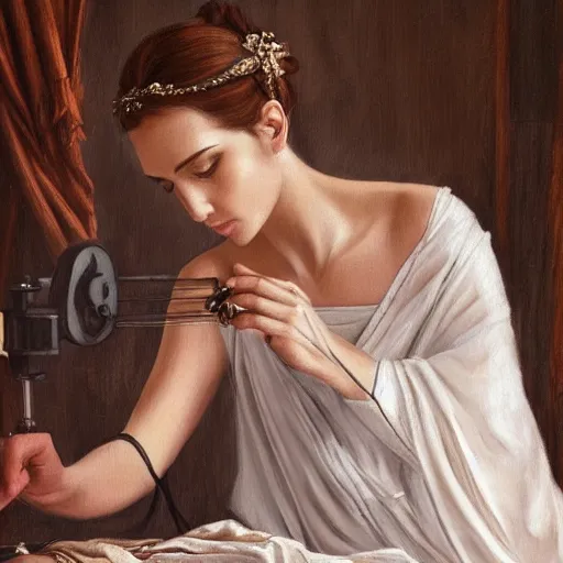 Image similar to Absolutely gorgeous greek goddess of fashion, she is sewing the most beautiful dress the olympian gods have ever seen, cinematic lighting, high quality 8k hd, oil on canvas, hyperralistic art