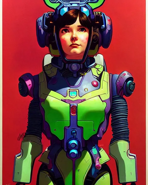 Image similar to d. va from overwatch, character portrait, portrait, close up, concept art, intricate details, highly detailed, vintage sci - fi poster, in the style of chris foss, rodger dean, moebius, michael whelan, and gustave dore