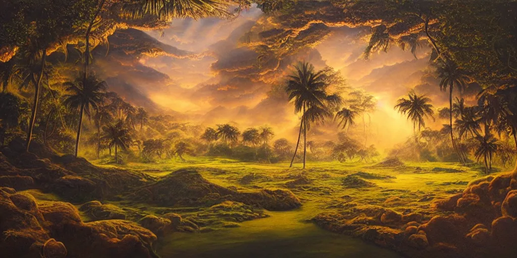 Prompt: sri lankan landscape, volumetric lighting and shadows, concept art, realistic oil painting by alex grey