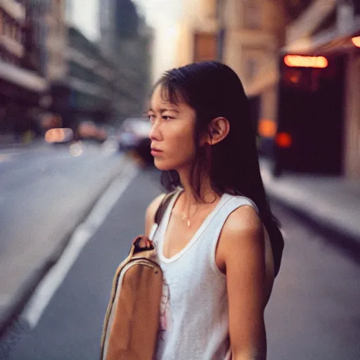 Prompt: portra 800 street photography woman staring into camera but she is a bit blurry because she is moving