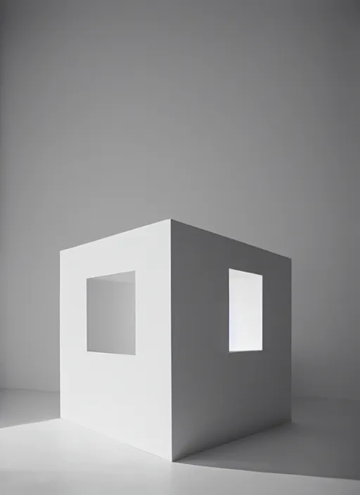 Image similar to a photograph of a glowing white cube inside of a minimalist concrete room, 3 5 mm, color film camera, pentax