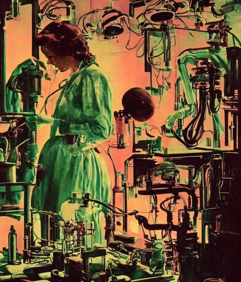 Image similar to a female mad scientist building a humanoid robot, in a darkly lit laboratory room, 1 9 5 0 s horror movie poster style, norman rockwell oil painting, close - up shot, retro science fiction, vintage, saturated pink and green lighting, shadowy lighting, cohesive