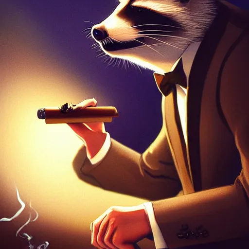 Image similar to a racoon wearing a suit smoking a cigar on his mouth, dramatic lighting, cinematic, establishing shot, extremly high detail, photorealistic, cinematic lighting, artstation, style by James Gurney