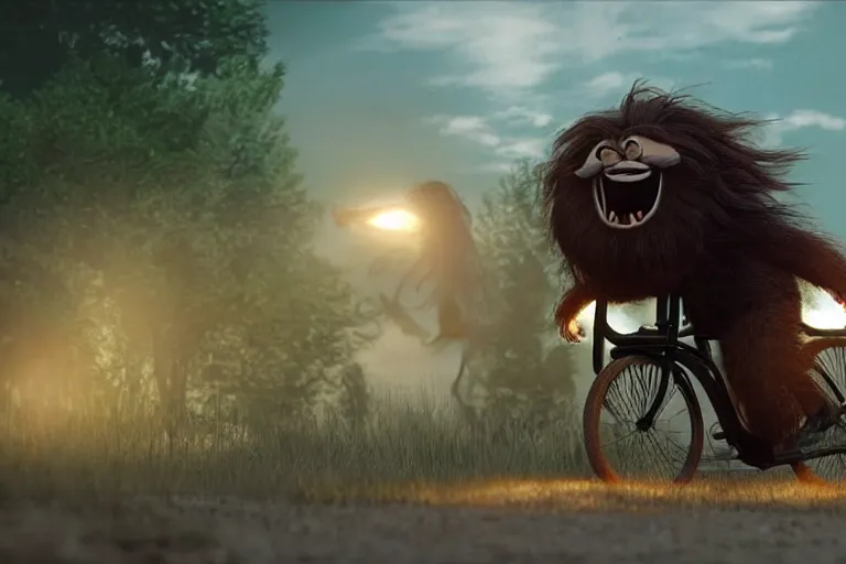 Prompt: a large, long haired monster rides a tiny bicycle, cinematic lighting, highly detailed