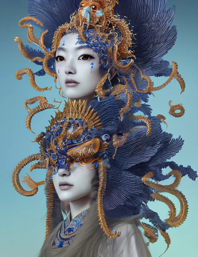 Prompt: 3 d goddess close - up profile portrait with crown, ram skull. beautiful intricately detailed japanese crow kitsune mask and clasical japanese kimono. betta fish, jellyfish phoenix, bio luminescent, plasma, ice, water, wind, creature, artwork by tooth wu and wlop and beeple and greg rutkowski