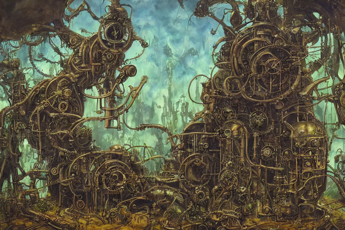 Prompt: Detail of surrealistic oil painting 'Steampunk time machine in a gigantic hall overgrown with alien plants' in the style of Frank Frazetta with his characteristic brush strokes, Artstation.