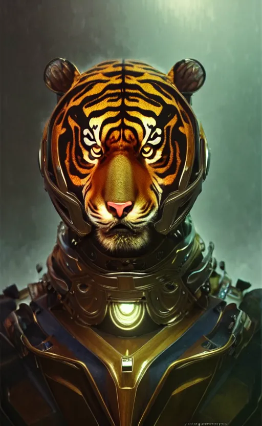 Image similar to a anthropomorphic cyber tiger wearing scifi armor, diffuse lighting, fantasy, intricate, elegant, highly detailed, lifelike, photorealistic, digital painting, artstation, illustration, concept art, smooth, sharp focus, art by john collier and albert aublet and krenz cushart and artem demura and alphonse mucha