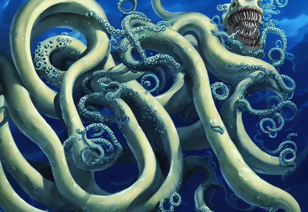 Image similar to Underwater Tentacle Pandomonium;Art by Greg Manchess, Art Direction by Jeremy Jarvis; painting spiraling inward; Deep sea horror; teeth and eyes; illustration