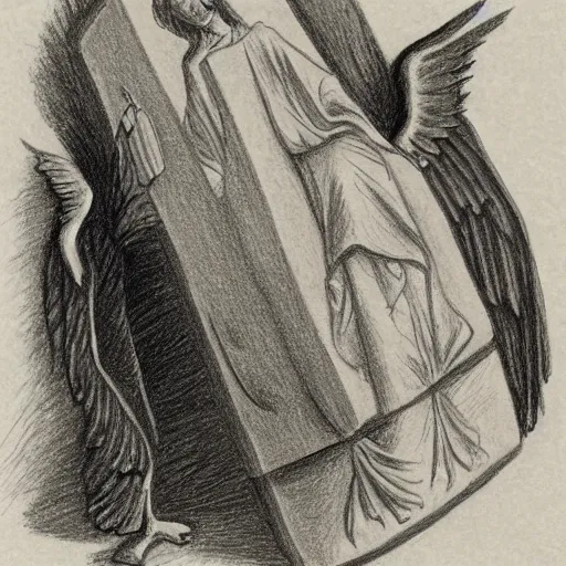 Image similar to a coffin and a drawing angel in the style of sempe