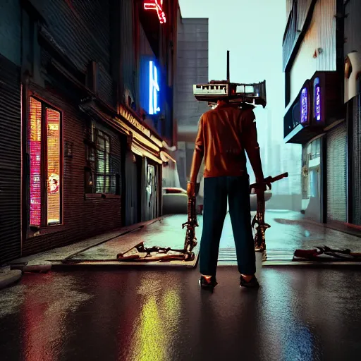 Prompt: a student holding a heavy machine gun. The student is standing in the rain. Neon signs in the background alongside tall downtown cyberpunk buildings. A dog is being walked on a leash in an alley. Trending on artstation. Octane render, unreal engine, 4k.