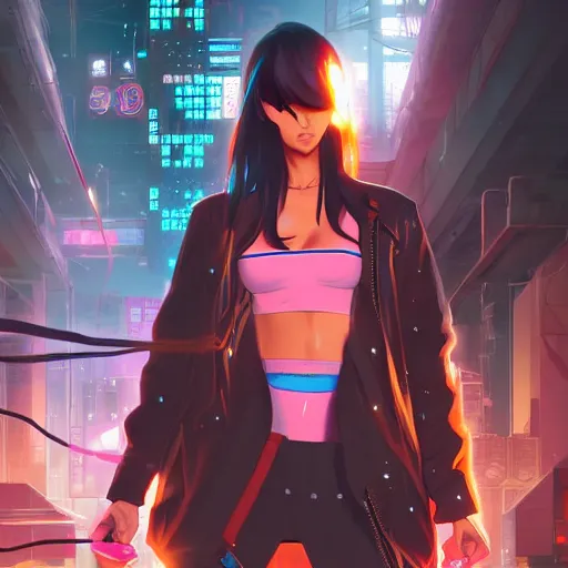 Prompt: An anime portrait of a fit Phoebe Kates as a cyberpunk hacker, by Stanley Artgerm Lau, WLOP, Rossdraws, James Jean, Andrei Riabovitchev, Marc Simonetti, and Sakimichan, tranding on artstation