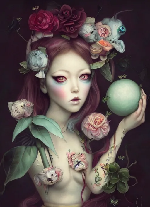 Image similar to pop surrealism, lowbrow art, realistic cute girl painting, japanese street fashion, hyper realism, muted colours, rococo, natalie shau, loreta lux, tom bagshaw, mark ryden, trevor brown style,