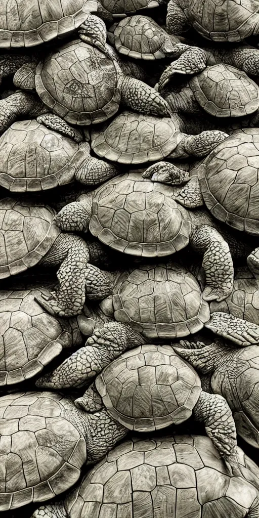 Image similar to a neverending stack of turtles, wide angle, dutch angle