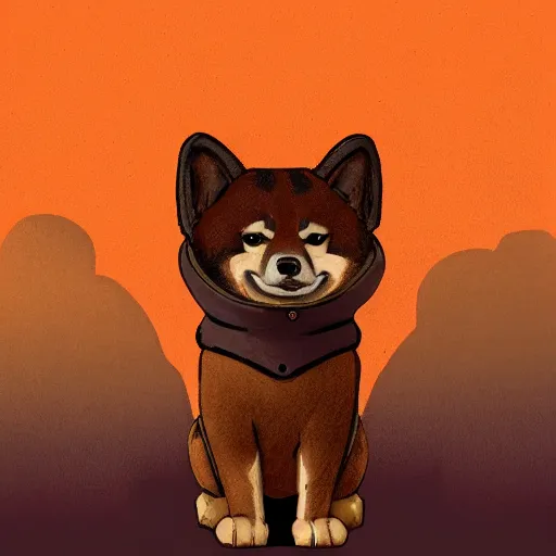 Prompt: anthropomorphic Shiba Inu, Barbour jacket outfit, cute, short, walking, rust belt town, artstation, digital art, orange colors