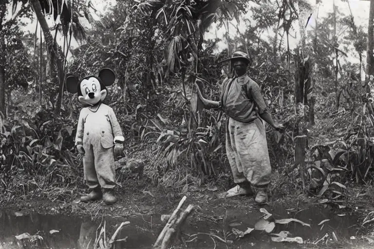 Image similar to a 1 9 0 5 colonial closeup photograph of mickey mouse in a village at the river bank of congo, thick jungle, wide angle shot