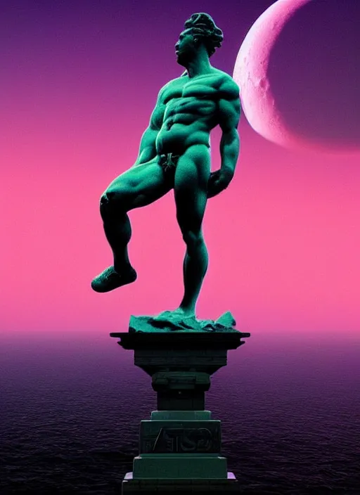 Prompt: statue of atlas, moon in the background, beeple, vaporwave, retrowave, black background, neon wiring, black, glitch, strong contrast, cuts, pinterest, trending on artstation