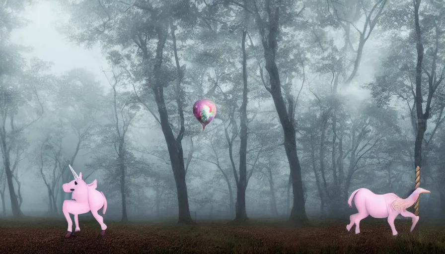 Prompt: A unicorn-shaped!! ballon floats lonely through a dark foggy Forest, Digital Art, Photorealism, Hyper Realistic, Hyperdetailed, Movie Screenshot, iMAX Quality