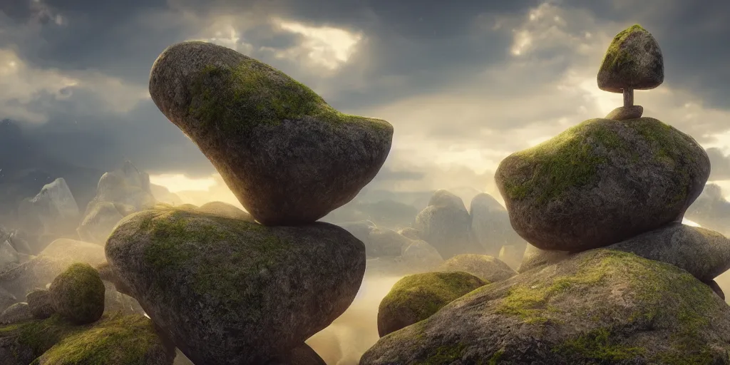 Image similar to Photorealistic epic landscape with floating rocks, with ominous clouds, levitating stones, a gente rising mist. photorealism, UHD, amazing depth, glowing, golden ratio, 3D octane cycle unreal engine 5, volumetric lighting, cinematic lighting, cgstation artstation concept art