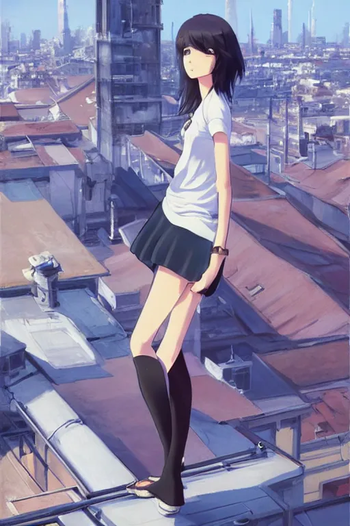 Image similar to A ultradetailed beautiful panting of a stylish woman standing on a rooftop, she is wearing streetwear, by Makoto Shinkai