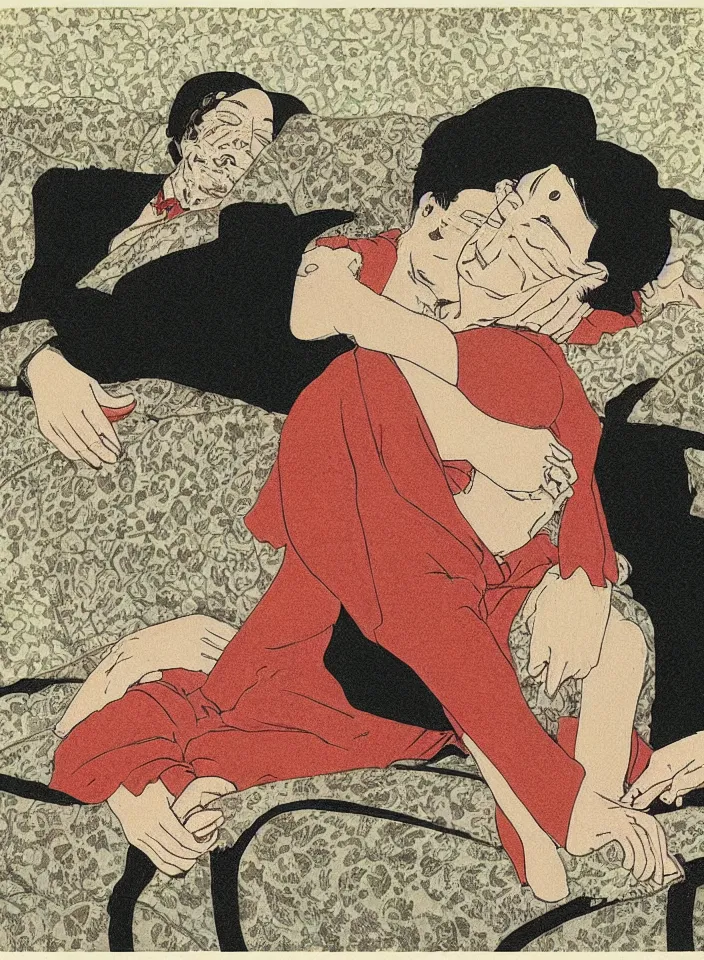 Prompt: early color photo of an old dead couple sitting on a couch in an old soviet apartment, art by Takato Yamamoto. highly detailed high resolution