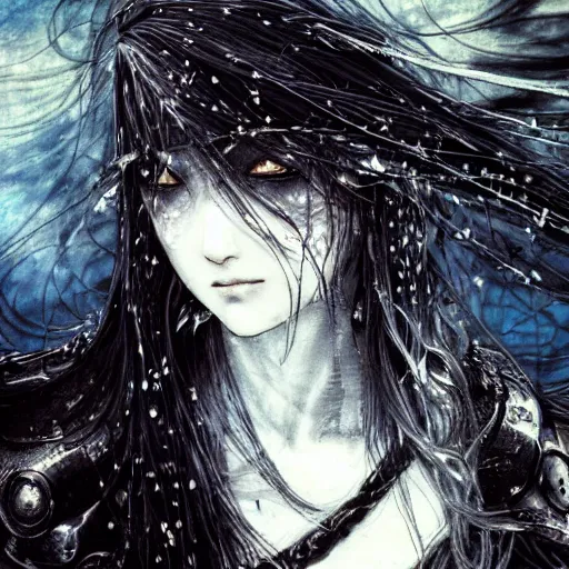 Image similar to yoshitaka amano blurred and dreamy illustration of an anime girl with pirate eye patch, wavy white hair and cracks on her face wearing elden ring armour with the cape fluttering in the wind, abstract black and white patterns on the background, noisy film grain effect, highly detailed, renaissance oil painting, weird portrait angle