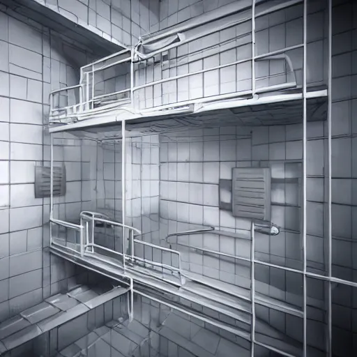 Prompt: futuristic white prison cell, cramped, claustrophobic, small, prison, jail, 4K,