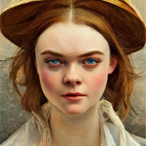 Image similar to professional painting of Elle Fanning in the style of Jacek Malczewski, head and shoulders portrait, symmetrical facial features, smooth, sharp focus, illustration, intricate, stormy weather, extremely detailed masterpiece,