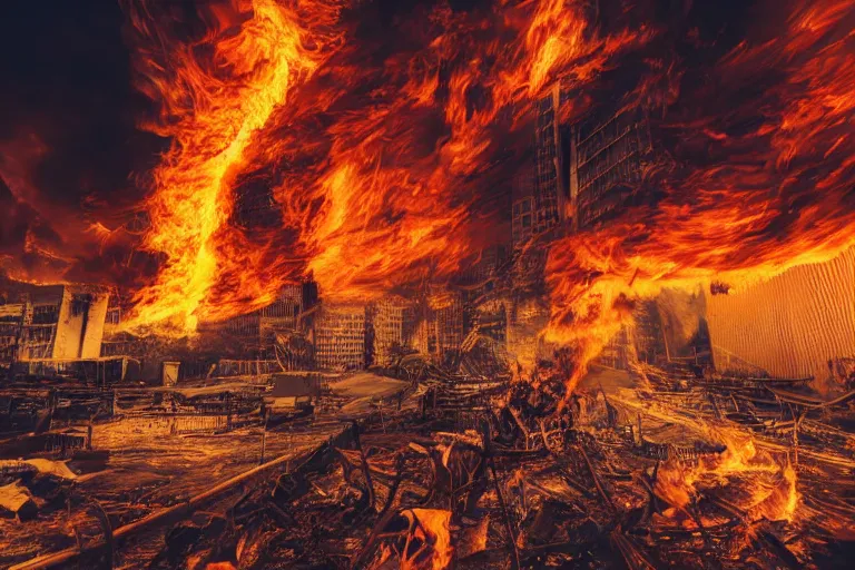 Prompt: destructive fire tornado in the city, photorealistic, highly detailed, sharp focus, vivid, colorful, symmetrical, random, convoluted, mind - blowing, creative, fully functional, end of the world, physics defying, amazing, loud