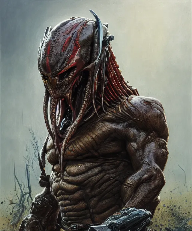 Image similar to a portrait of the predator by chris warner, oil on canvas, deep depth field, masterpiece, by donato giancola, trending on artstation, featured on pixiv, cinematic composition, hyper - detailed, hd, hdr, 4 k, 8 k