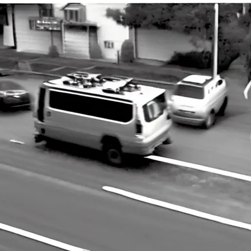 Image similar to cctv footage of a btr driving past a suburban neighbhoorhood, realistic, highly detailed, black and white, at night, taken on a security cctv camera.