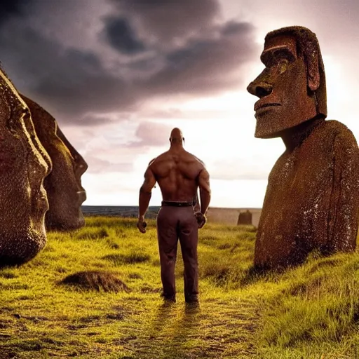 Image similar to dwayne johnson as an easter island statue photo realistic. dramatic lighting, cinematic lighting.