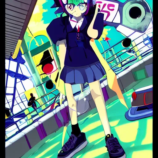 Prompt: anime girl with eccentric clothes, eccentric hairstyle, cel - shading, 2 0 0 1 anime, flcl, jet set radio future, golden hour, underground facility, underground tunnel, pipes, rollerbladers, rollerskaters, cel - shaded, jsrf, strong shadows, vivid hues, y 2 k aesthetic