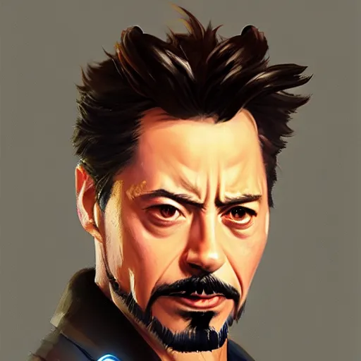 Image similar to greg manchess portrait painting of tony stark as overwatch character, totally whack, medium shot, asymmetrical, profile picture, organic painting, sunny day, matte painting, bold shapes, hard edges, street art, trending on artstation, by huang guangjian and gil elvgren and sachin teng