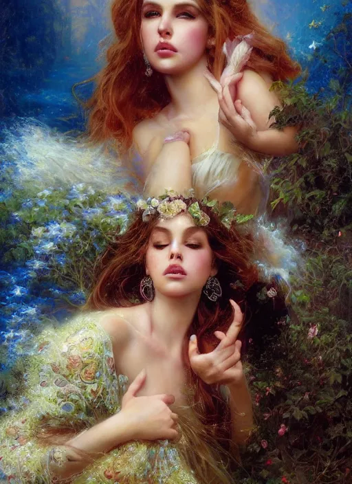 Prompt: surprised dreamy Lana Del Rey, Lilia Alvarado, Sophie Anderson, Mark Arian, Bob Byerley, Charlie Bowater, Mark Brooks, Steve Henderson, Justin Gerard, Arthur Hughes, Edward Robert Hughes, Mark Keathley, Victor Nizovtsev, Carlos Shwabe, Ross Tran, WLOP