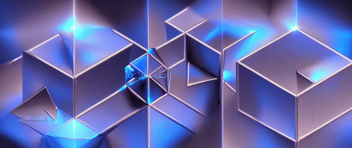 Image similar to hyperrealistic 3d render neo-surreal metatron's cube rotating iridescent escher dali octane moody blue lighting low angle hd 8k sharp shallow depth of field