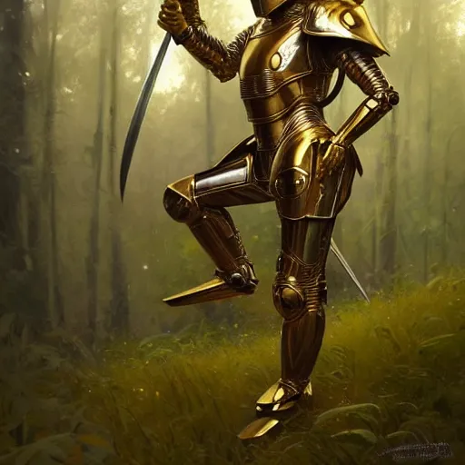 Prompt: photo of a humanoid chameleon dressed in armor with a golden helmet on the head, hold sword in the forest, highly detailed, digital painting, artstation, smooth, sharp focus, illustration, art by artgerm and greg rutkowski and alphonse mucha